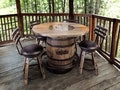 Jack Daniels Whiskey Barrel Table Set, Stave Stools, Glass Inlay, Metal Footrest