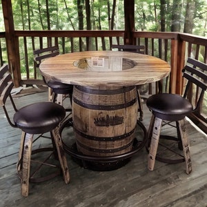 Jack Daniels® Whiskey Barrel, Table Top (48&quot; burnt hickory) with Glass Inlay, Metal Footrest, and 4 Cushioned Stave Stools - Free Shipping!