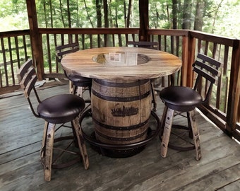 Jack Daniels® Whiskey Barrel, Table Top (48" burnt hickory) with Glass Inlay, Metal Footrest, and 4 Cushioned Stave Stools - Free Shipping!