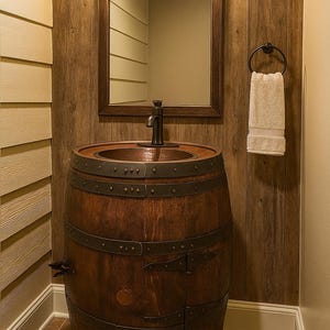 Bourbon Whiskey Barrel Vanity: Hammered Copper Sink, Rustic Bathroom Decor