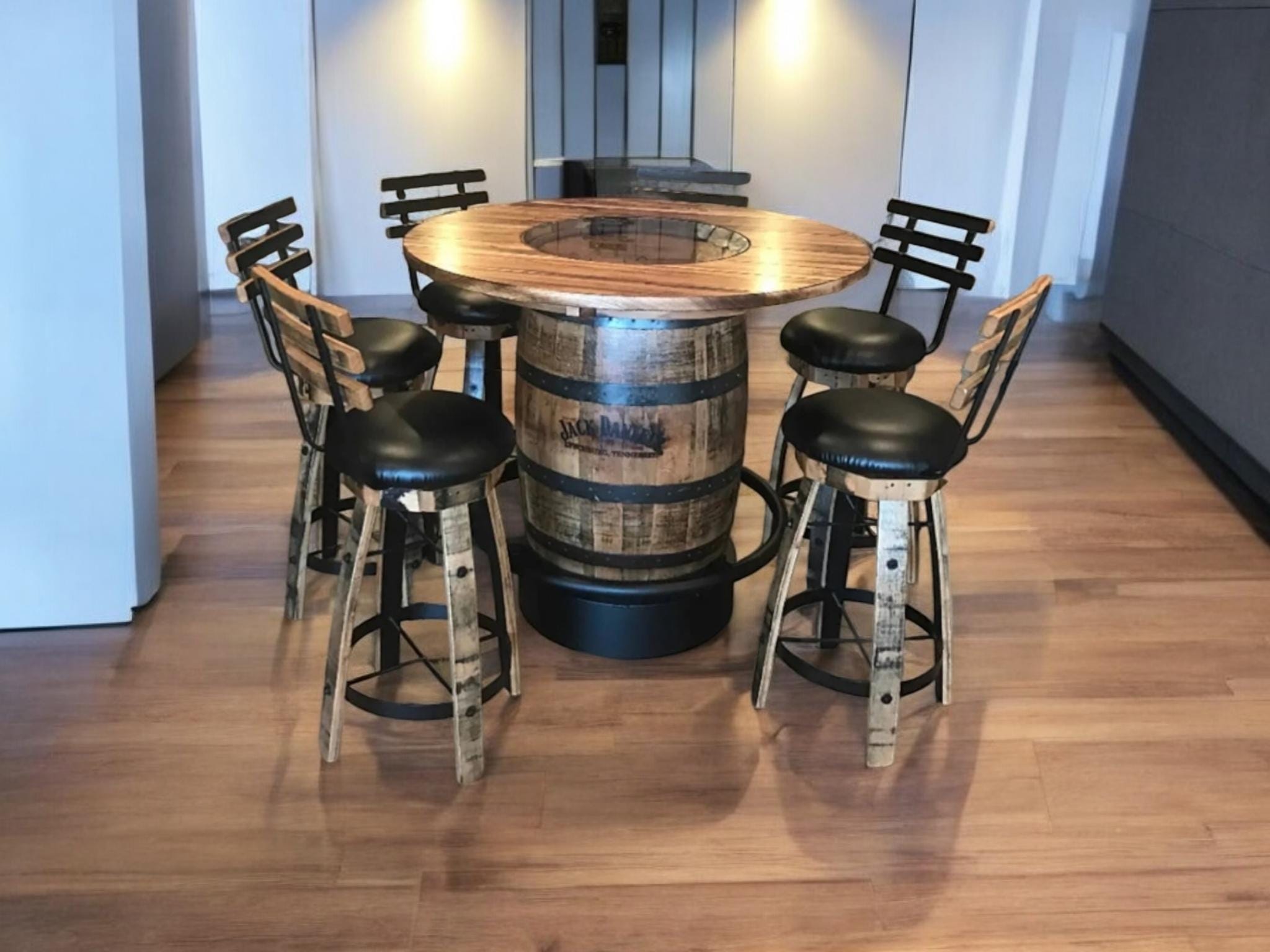 Jack Daniels Whiskey Barrel Table Set, Burnt Hickory Top, Stave Stools ...