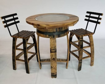 Whiskey Barrel Pub Table with Stave Stools – Burnt Hickory Top, 42" Tall