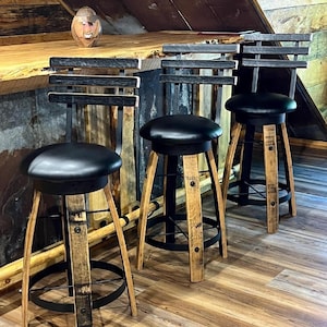 Whiskey Barrel Stave Bar Stools with Cushioned Swivel Seats and Backs (Brown or Black Cushions) - Free Shipping!