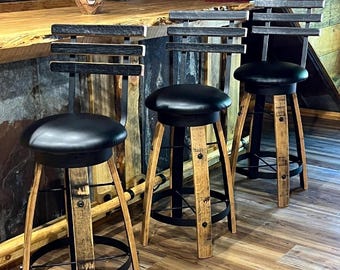 Whiskey Barrel Stave Bar Stools with Cushioned Swivel Seats and Backs (Brown or Black Cushions) - Free Shipping!