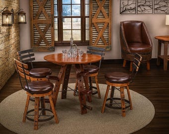 May include: A rustic dining set featuring a round wooden table and four matching bar stools with brown leather seats. The table and stools have a dark wood finish and metal accents. The set is placed on a round rug.