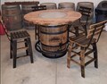 Jack Daniels® Whiskey Barrel, Table Top (48" burnt hickory) with Glass Inlay, Metal Footrest, and 4 Stave Stools - Free Shipping!