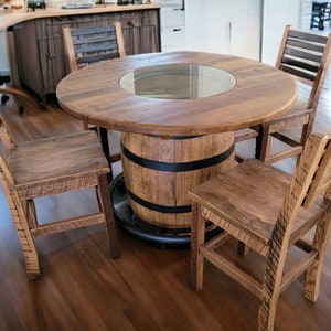 Buffalo Trace® Whiskey Barrel, Table Top (48&quot; Reclaimed Barn Wood) with Glass Inlay, Metal Footrest, and 4 Reclaimed Chairs - Free Shipping!