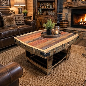 May include: A rectangular coffee table constructed from reclaimed wood planks with a multi-colored finish. The table features a lower shelf, dark metal corner brackets, and circular cutouts along the sides, topped with a round tray holding a plant.