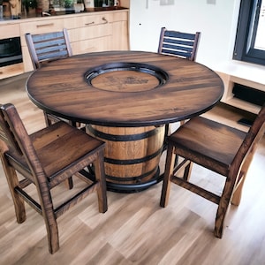 Buffalo Trace® Whiskey Barrel, Table Top (Reclaimed Barn Wood)with Glass Inlay, Metal Footrest, 4 Reclaimed Stave Chairs - Free Shipping!
