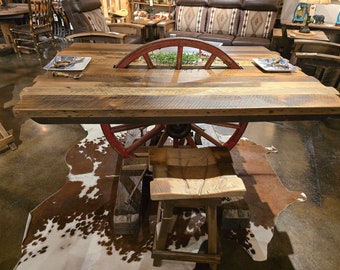 Old West Staggered Reclaimed Wagon Wheel Table with 2 Dixson Swivel Top Bar Stools  - Free Shipping!