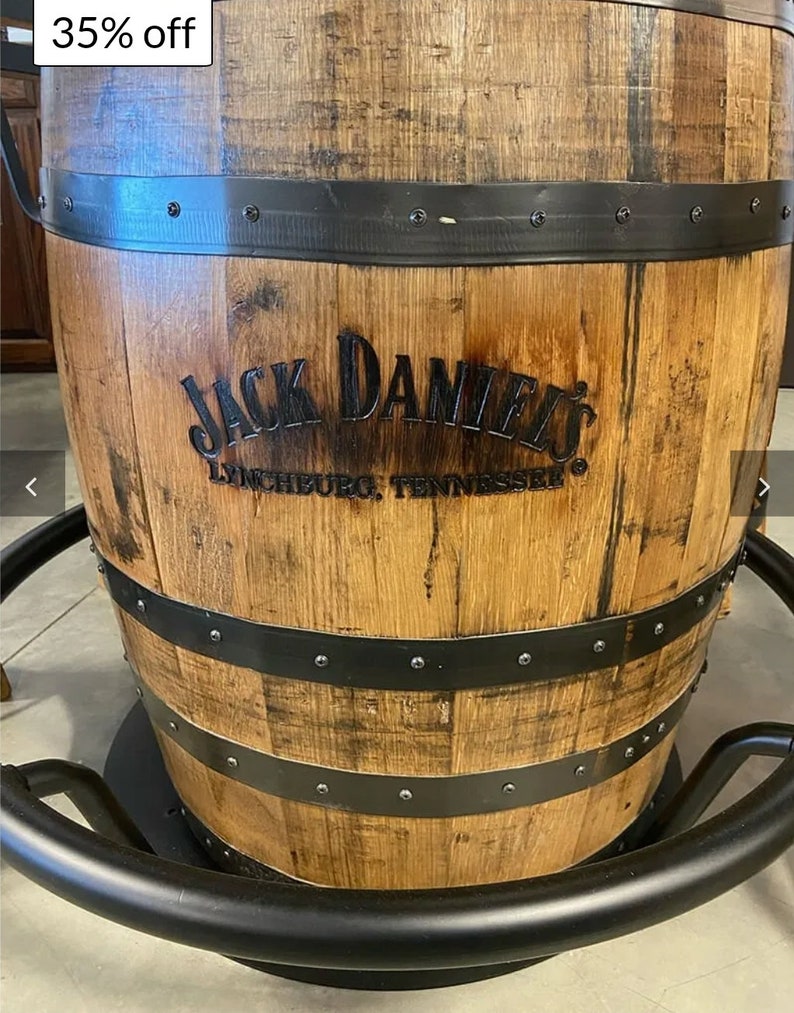 Jack Daniels Whiskey Barrel Table Set, Stave Stools, Glass Inlay, Metal ...