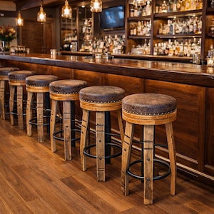 Amish Handcrafted Whiskey Barrel Stave Bar Stool, Rustic Swivel Seat