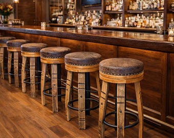 Amish Handcrafted Whiskey Barrel Stave Bar Stool, Rustic Swivel Seat