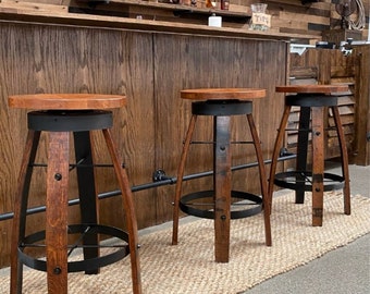Whiskey Barrel Stave Bar Stool with Wooden Swivel Seat, FREE SHIPPING - Made in the USA!!