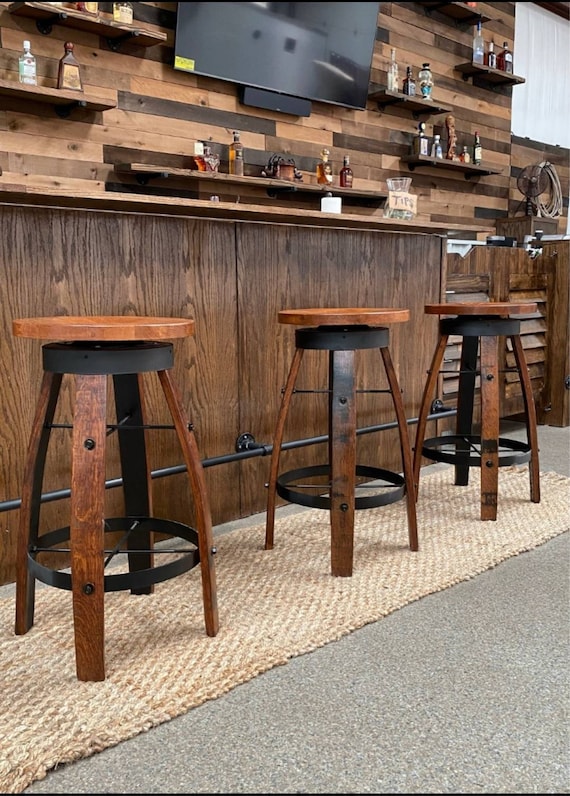 Whiskey Barrel Stave Bar Stool With Wooden Swivel Seat, FREE SHIPPING Made  in the USA 