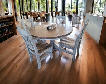 Reclaimed Barn Wood Dining Set – Round Truman Table with Railway Chairs