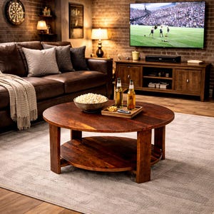 May include: A round, dark brown wooden coffee table with a lower shelf. The table is in a living room setting with a leather sofa, brick wall, and a television. A bowl of popcorn, drinks, and snacks are on the table.