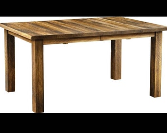 May include: A rustic wooden dining table with a rectangular top and four legs. The table has a distressed finish and a natural wood grain.