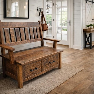 Reclaimed Barnwood Deacon's Bench with Storage Drawers