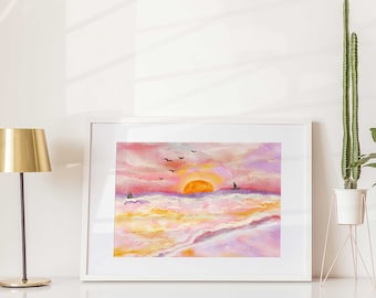 Sunset Beach Watercolor Painting, Colorful Wall Art, Scenery Printable Art Print, Instant Download