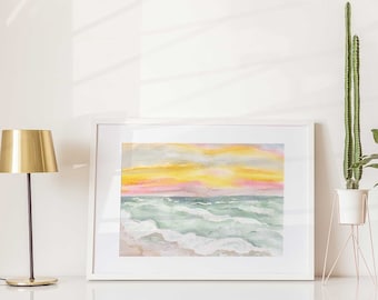 Sunset Beach Watercolor Painting, Colorful Wall Art, Scenery Printable Art Print, Instant Download