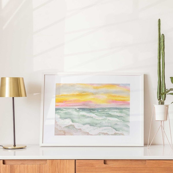 Sunset Beach Watercolor Painting, Colorful Wall Art, Scenery Printable Art Print, Instant Download