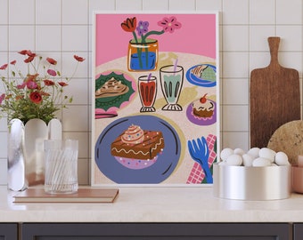 Sweet Breakfast on The Table Illustration, Colorful Wall Art, Still Life Illustration, Printable Art, Kitchen Art Print