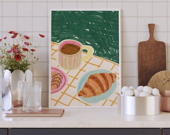 Coffee and Croissant Illustration, Colorful Wall Art, Still Life Illustration, Printable Art, Kitchen Art Print, Breakfast Food Poster