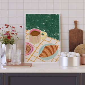 Coffee and Croissant Illustration, Colorful Wall Art, Still Life Illustration, Printable Art, Kitchen Art Print, Breakfast Food Poster