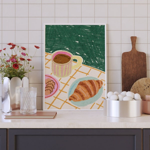 Illustration de café et de croissant, art mural coloré, illustration de nature morte, art imprimable, impression d’art de cuisine, affiche de nourriture pour petit-déjeuner