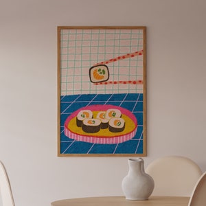 Flatlay Sushi Wall Art, Colorful Wall Art, Japanese Food Illustration, Printable Art, Kitchen Art Print, Food Poster