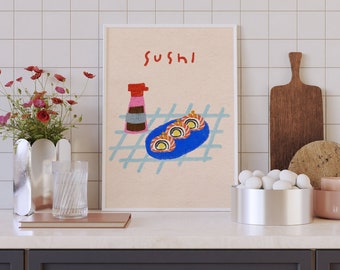 Flatlay Sushi Wall Art, Colorful Wall Art, Japanese Food Illustration, Printable Art, Kitchen Art Print, Food Poster