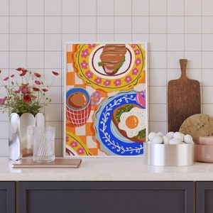 Flatlay Food In The Table Wall Art, Colorful Wall Art, Still Life Illustration, Printable Art, Kitchen Art Print