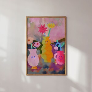 Arte mural con flores en jarrones, arte mural colorido, arte mural abstracto, arte acrílico, arte imprimible, impresión para sala de estar, impresión de arte floral