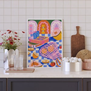 Illustratie boodschappen, kleurrijke muurkunst, stilleven illustratie, afdrukbare kunst, keuken Art Print, sardines en fruit