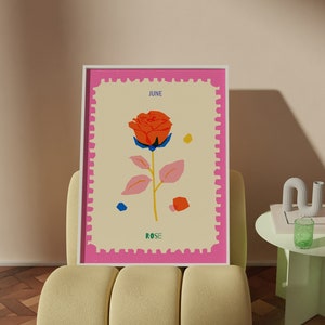 Rose Blume Kunstdruck, bunte Juni Geburt Monat Poster Wandkunst, Kinderzimmer Zimmer Dekor, Geschenk für sie, Muttertag druckbare