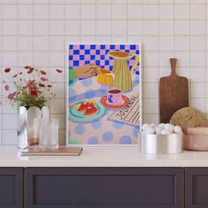 Coffee and Strawberry Pie Art Print: Colorful Kitchen Wall Decor (Digital Download)