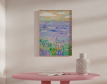 Pintura de paisagem marinha colorida: arte de parede com cenário de praia vibrante (download digital)