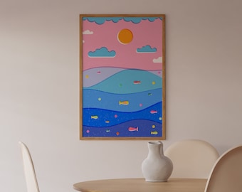 Seascape Watercolor Painting | Colorful Beach Wall Art | Summer Bright Vibrant Print | Printable Digital