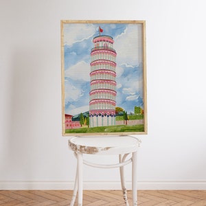 Leaning Tower of Pisa World Wonder Gouache Painting Italy Building Architecture Wall Art Bright Vibrant Print Printable Digital image 1