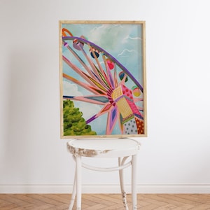 Ferris Wheel in Indonesia Gouache Painting | Themed Park Wall Art | Summer Bright Vibrant Print | Printable Digital