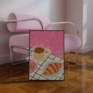 Coffee and Croissant Illustration, Colorful Wall Art, Still Life Illustration, Printable Art, Kitchen Art Print, Breakfast Food Poster