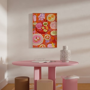 Flatlay Food In The Table Wall Art, Colorful Wall Art, Still Life Illustration, Printable Art, Kitchen Art Print
