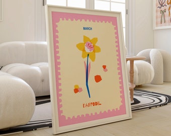 Daffodil Flower Art Print, Colorful March Birth Month Poster Wall Art, Nursery Room Decor, Gift for Her, Mother&#39;s Day Printable