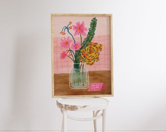 May include: A framed illustration of a pink and yellow flower arrangement in a clear glass jar. The flowers are on a pink and white tiled background with a pink note that says "You did great!"