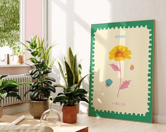 Marigold Flower Art Print, Colorful October Birth Month Poster Wall Art, Nursery Room Decor, Gift for Her, Mother&#39;s Day Gift Art