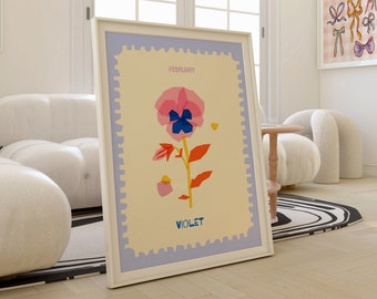 Violet Flower Art Print, Colorful February Birth Month Poster Wall Art, Nursery Room Decor, Gift for Her, Mother&#39;s Day Printable