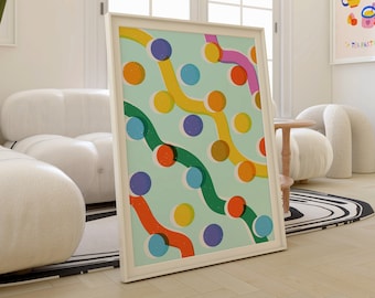 Colorful Dots Geometric Wall Art, Colorful Swirl Squiggle Printable Art, Colorful Living Room Print, Geometric Art Print