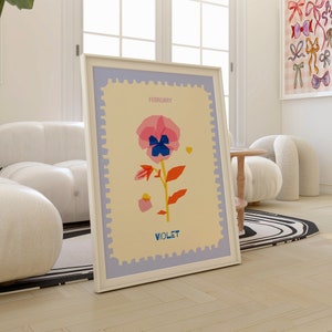 Violet Blume Kunstdruck, bunte Blume Februar Geburtsmonat Poster Wandkunst, Kinderzimmer Zimmer Dekor, Geschenk für sie, Muttertag druckbar