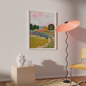 Tableau Jardin fleuri | Art mural paysage coloré | Impression vibrante lumineuse d'été | Imprimable numérique | Dessin botanique floral